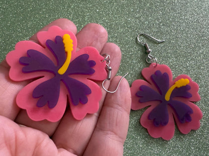 Pink Purple Hibiscus Earrings: Laser Cut Acrylic Flowers, Floral, Flower, Hawaii, Maui Strong, Summer Vibes, Best Gifts for Her/Him/Them