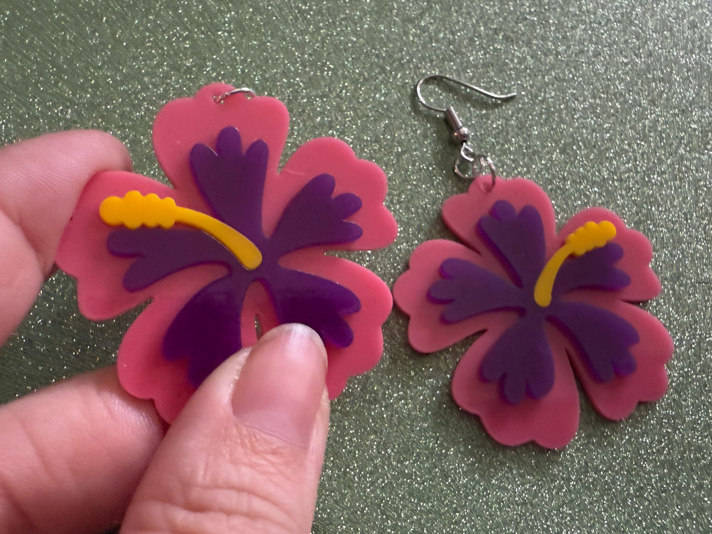 Pink Purple Hibiscus Earrings: Laser Cut Acrylic Flowers, Floral, Flower, Hawaii, Maui Strong, Summer Vibes, Best Gifts for Her/Him/Them
