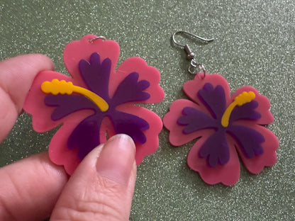 Pink Purple Hibiscus Earrings: Laser Cut Acrylic Flowers, Floral, Flower, Hawaii, Maui Strong, Summer Vibes, Best Gifts for Her/Him/Them