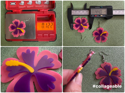 Pink Purple Hibiscus Earrings: Laser Cut Acrylic Flowers, Floral, Flower, Hawaii, Maui Strong, Summer Vibes, Best Gifts for Her/Him/Them