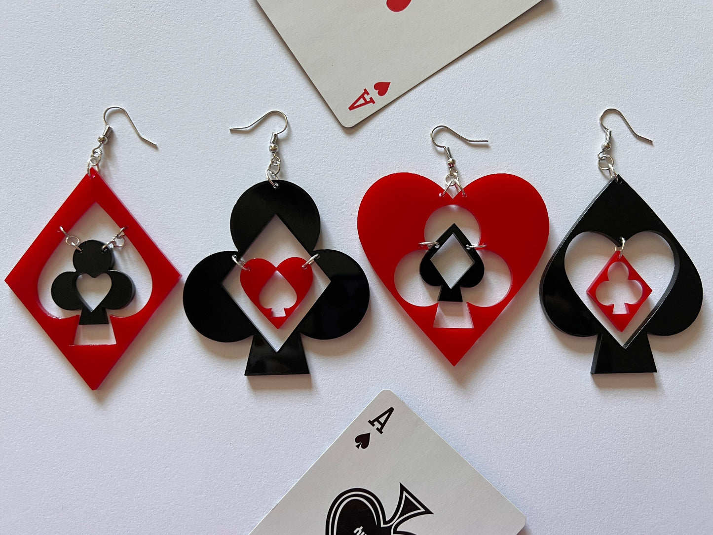 Playing Card Suit Earrings: Laser Cut Acrylic Heart, Diamond, Spades, Clubs, Game Night, Gamble, Poker, Casino, Best Gifts for Her/Him/Them