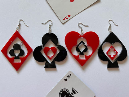 Playing Card Suit Earrings: Laser Cut Acrylic Heart, Diamond, Spades, Clubs, Game Night, Gamble, Poker, Casino, Best Gifts for Her/Him/Them