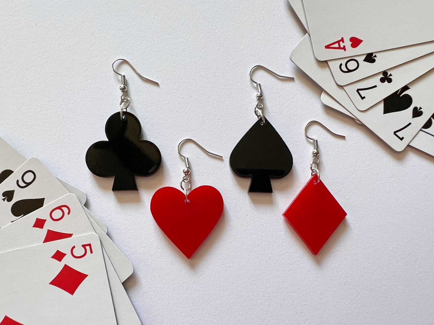 Playing Card Suit Earrings: Laser Cut Acrylic Heart, Diamond, Spades, Clubs, Game Night, Gamble, Poker, Casino, Best Gifts for Her/Him/Them