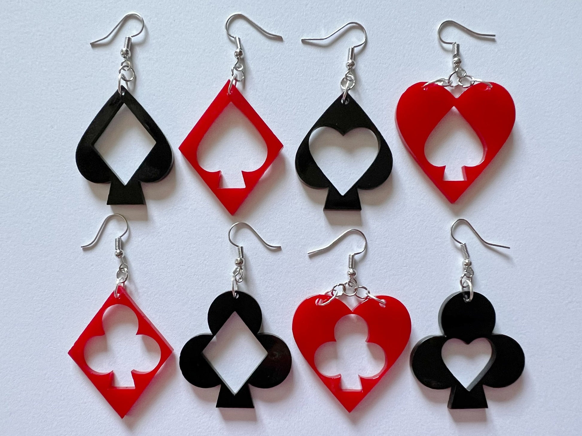 Playing Card Suit Earrings: Laser Cut Acrylic Heart, Diamond, Spades, Clubs, Game Night, Gamble, Poker, Casino, Best Gifts for Her/Him/Them