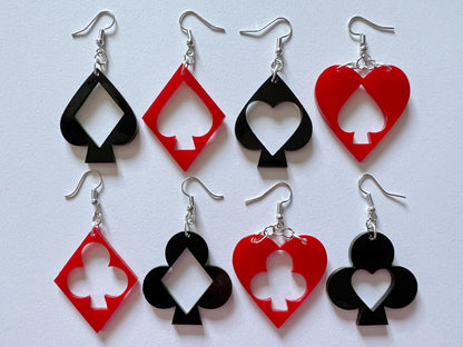 Playing Card Suit Earrings: Laser Cut Acrylic Heart, Diamond, Spades, Clubs, Game Night, Gamble, Poker, Casino, Best Gifts for Her/Him/Them