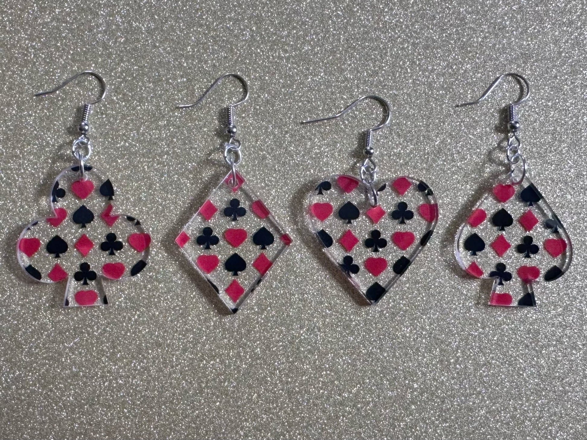 Playing Card Suit Earrings: Laser Cut Acrylic Heart, Diamond, Spades, Clubs, Game Night, Gamble, Poker, Casino, Best Gifts for Her/Him/Them