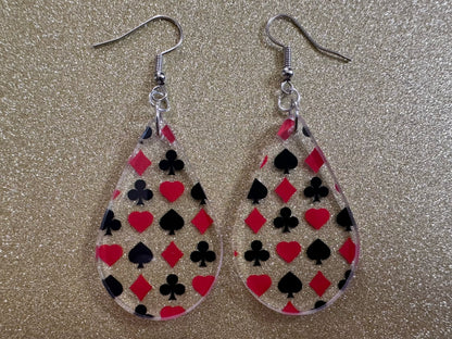 Playing Card Suit Earrings: Laser Cut Acrylic Heart, Diamond, Spades, Clubs, Game Night, Gamble, Poker, Casino, Best Gifts for Her/Him/Them