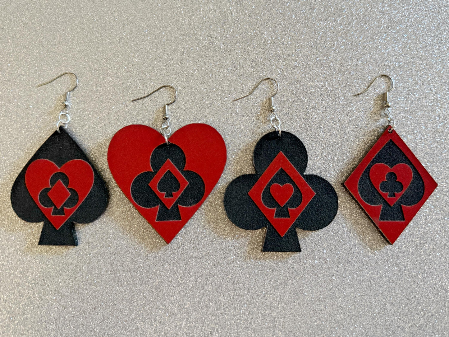 Playing Card Suit Earrings: Laser Cut Acrylic Heart, Diamond, Spades, Clubs, Game Night, Gamble, Poker, Casino, Best Gifts for Her/Him/Them