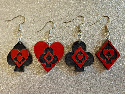 Playing Card Suit Earrings: Laser Cut Acrylic Heart, Diamond, Spades, Clubs, Game Night, Gamble, Poker, Casino, Best Gifts for Her/Him/Them