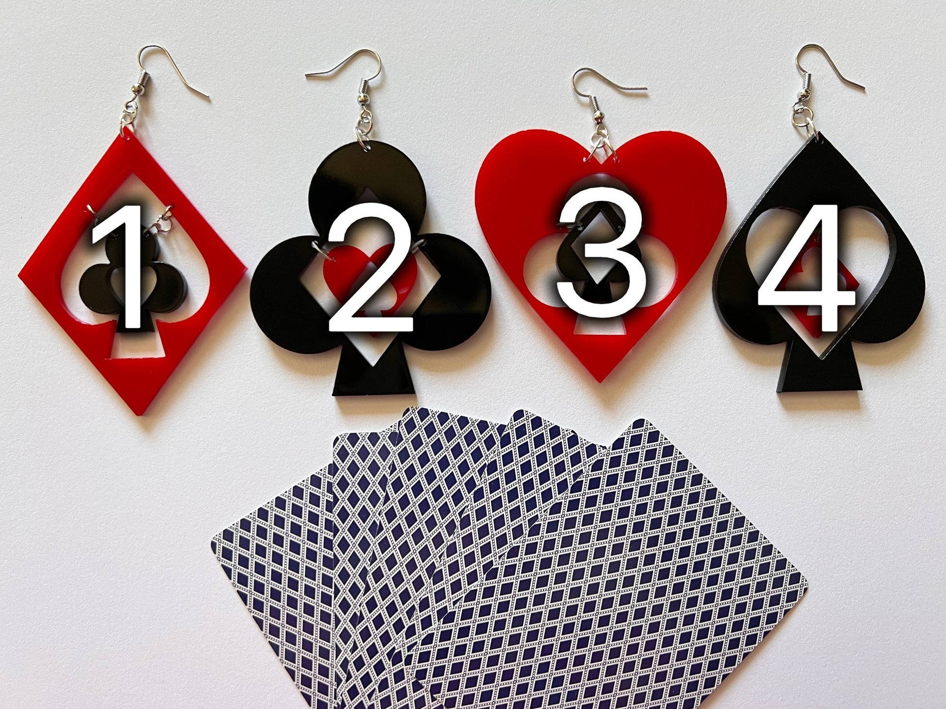 Playing Card Suit Earrings: Laser Cut Acrylic Heart, Diamond, Spades, Clubs, Game Night, Gamble, Poker, Casino, Best Gifts for Her/Him/Them