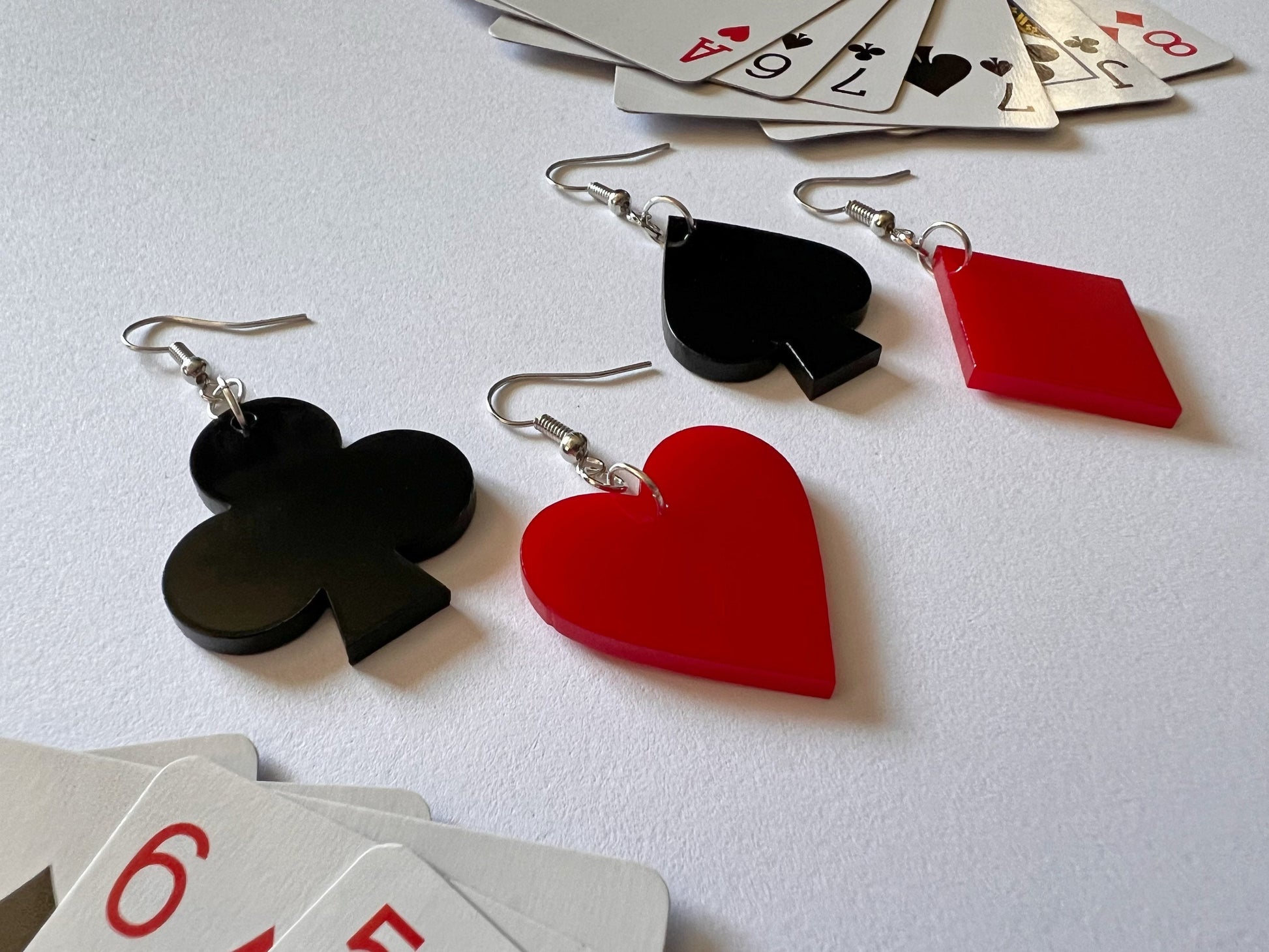 Playing Card Suit Earrings: Laser Cut Acrylic Heart, Diamond, Spades, Clubs, Game Night, Gamble, Poker, Casino, Best Gifts for Her/Him/Them