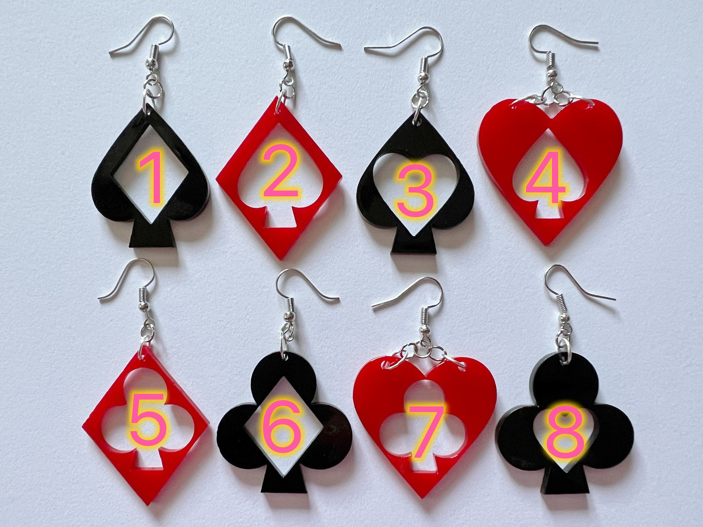Playing Card Suit Earrings: Laser Cut Acrylic Heart, Diamond, Spades, Clubs, Game Night, Gamble, Poker, Casino, Best Gifts for Her/Him/Them