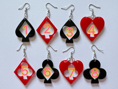 Playing Card Suit Earrings: Laser Cut Acrylic Heart, Diamond, Spades, Clubs, Game Night, Gamble, Poker, Casino, Best Gifts for Her/Him/Them