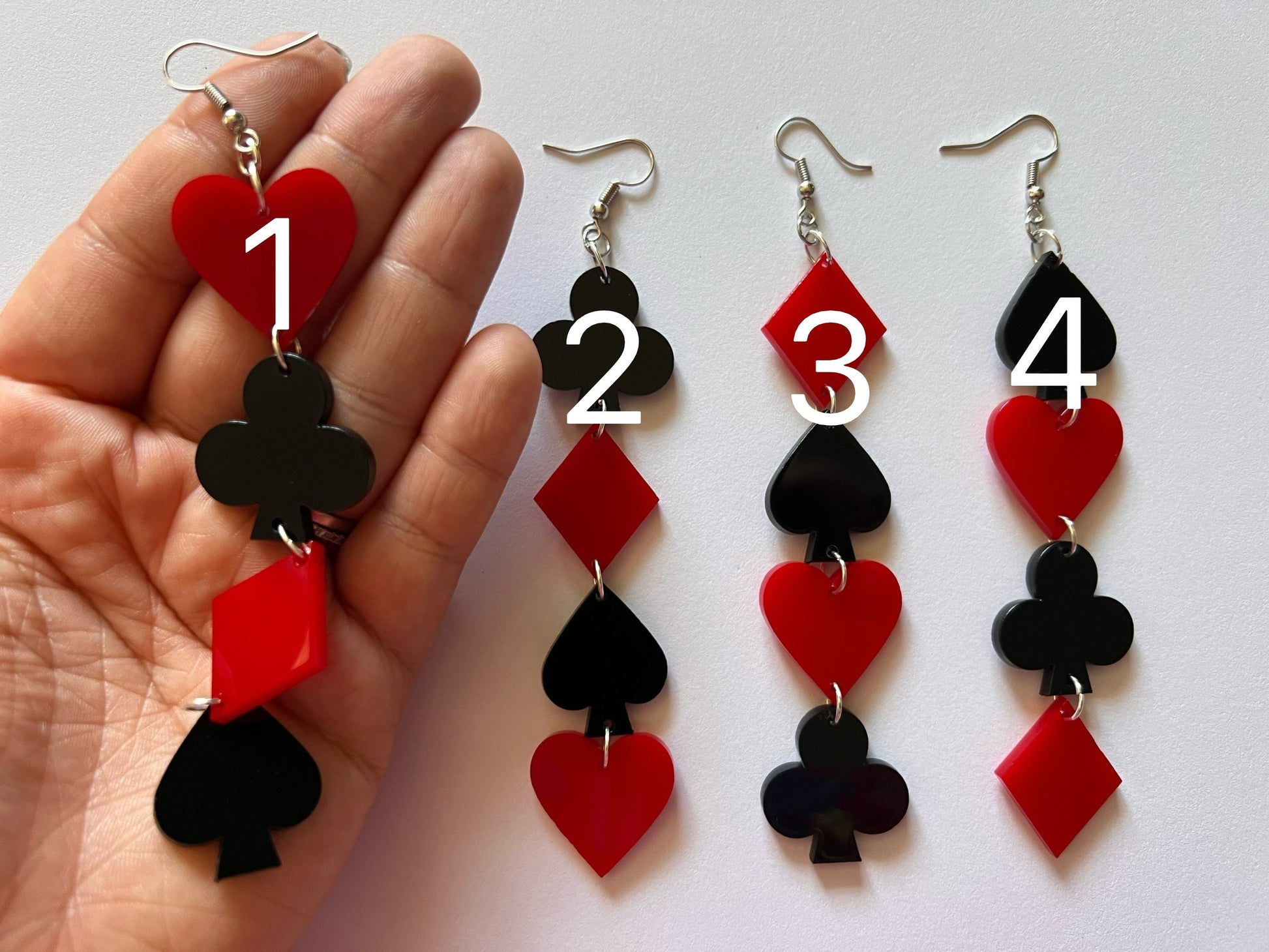 Playing Card Suit Earrings: Laser Cut Acrylic Heart, Diamond, Spades, Clubs, Game Night, Gamble, Poker, Casino, Best Gifts for Her/Him/Them