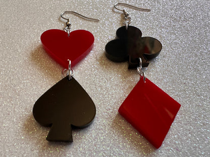 Playing Card Suit Earrings: Laser Cut Acrylic Heart, Diamond, Spades, Clubs, Game Night, Gamble, Poker, Casino, Best Gifts for Her/Him/Them