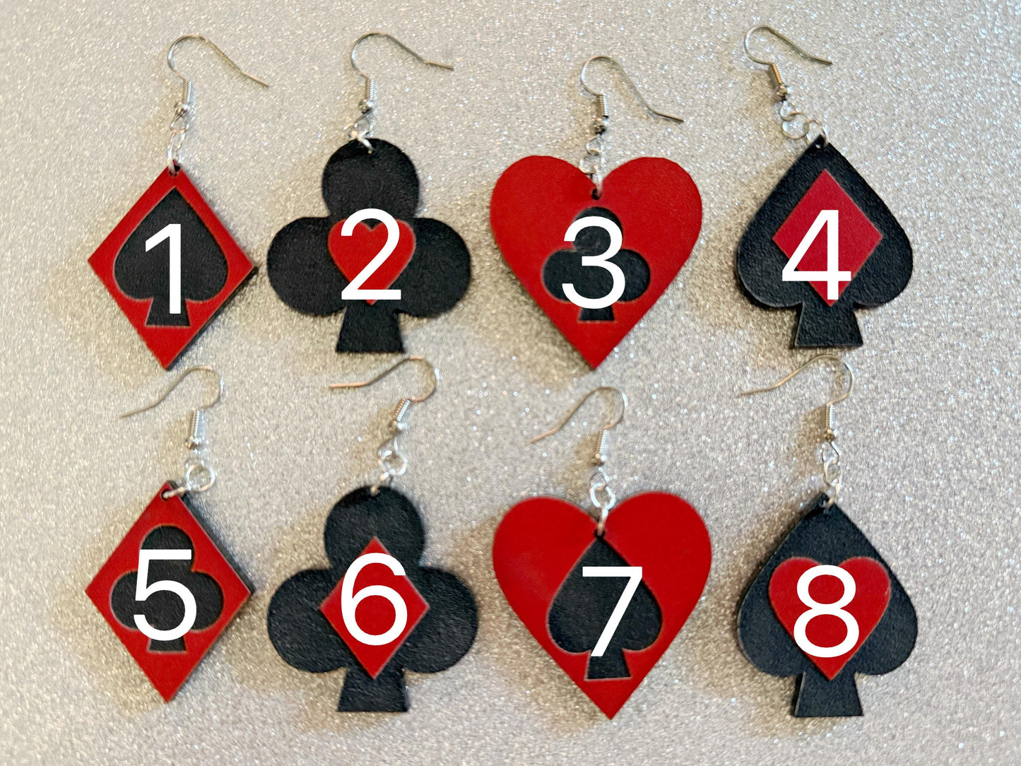 Playing Card Suit Earrings: Laser Cut Acrylic Heart, Diamond, Spades, Clubs, Game Night, Gamble, Poker, Casino, Best Gifts for Her/Him/Them