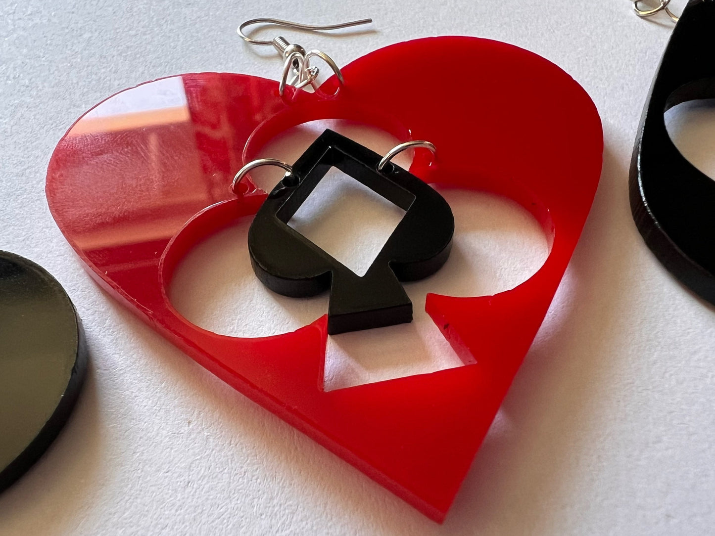 Playing Card Suit Earrings: Laser Cut Acrylic Heart, Diamond, Spades, Clubs, Game Night, Gamble, Poker, Casino, Best Gifts for Her/Him/Them
