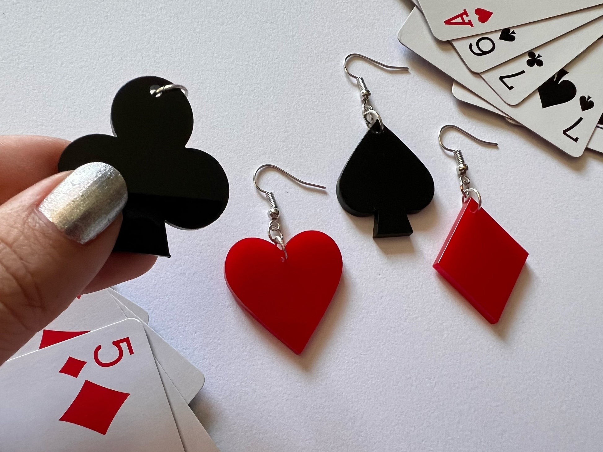 Playing Card Suit Earrings: Laser Cut Acrylic Heart, Diamond, Spades, Clubs, Game Night, Gamble, Poker, Casino, Best Gifts for Her/Him/Them