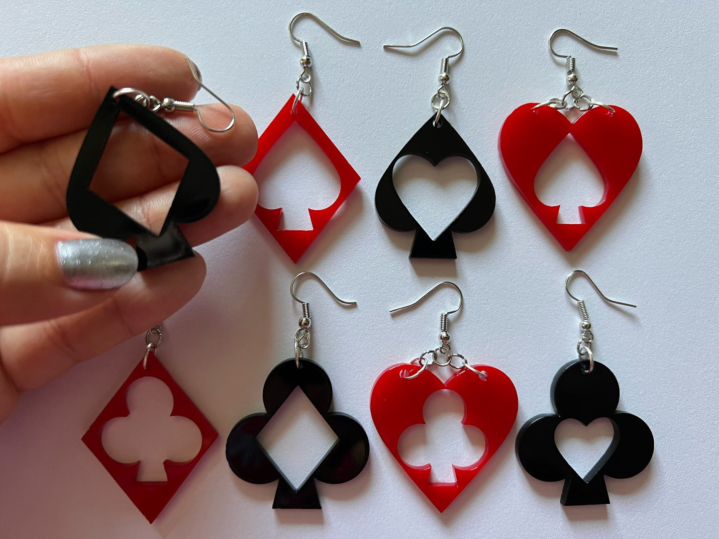 Playing Card Suit Earrings: Laser Cut Acrylic Heart, Diamond, Spades, Clubs, Game Night, Gamble, Poker, Casino, Best Gifts for Her/Him/Them