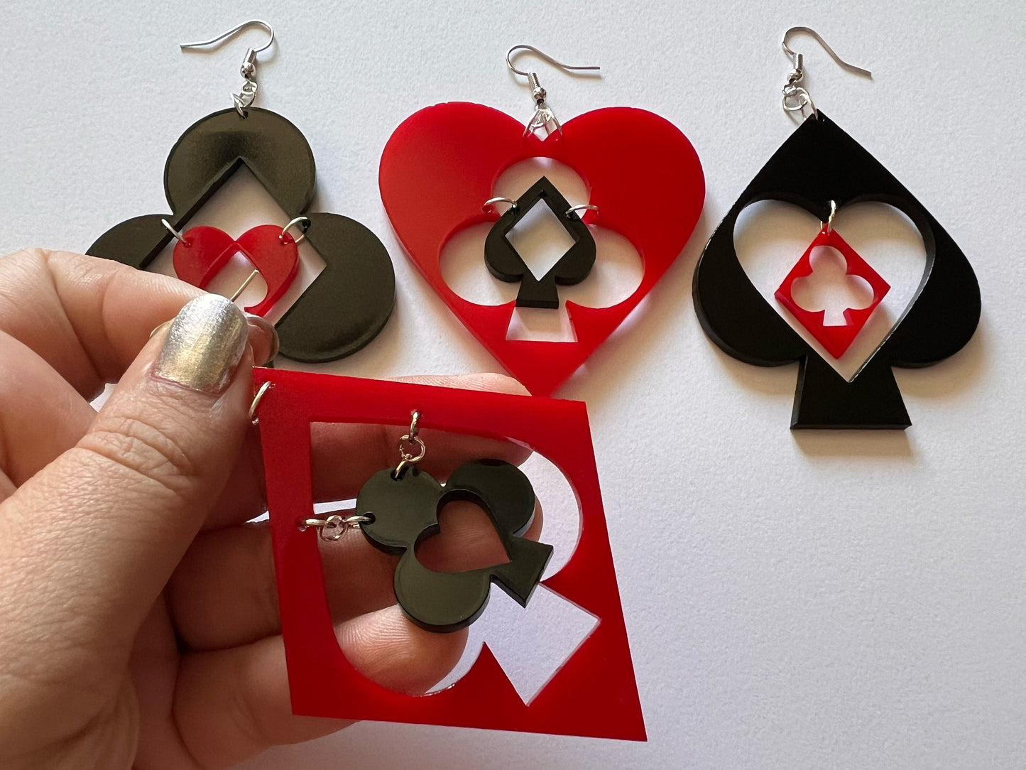 Playing Card Suit Earrings: Laser Cut Acrylic Heart, Diamond, Spades, Clubs, Game Night, Gamble, Poker, Casino, Best Gifts for Her/Him/Them
