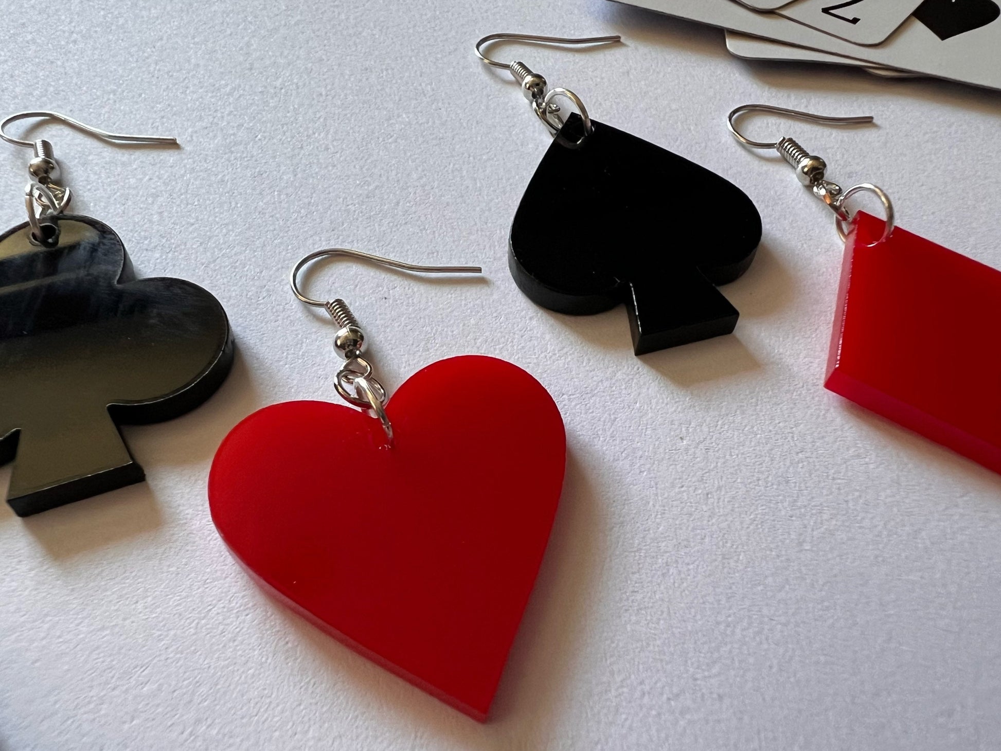 Playing Card Suit Earrings: Laser Cut Acrylic Heart, Diamond, Spades, Clubs, Game Night, Gamble, Poker, Casino, Best Gifts for Her/Him/Them