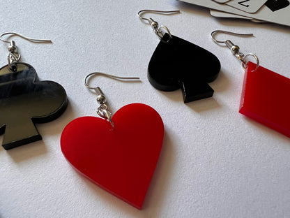 Playing Card Suit Earrings: Laser Cut Acrylic Heart, Diamond, Spades, Clubs, Game Night, Gamble, Poker, Casino, Best Gifts for Her/Him/Them
