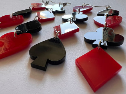 Playing Card Suit Earrings: Laser Cut Acrylic Heart, Diamond, Spades, Clubs, Game Night, Gamble, Poker, Casino, Best Gifts for Her/Him/Them