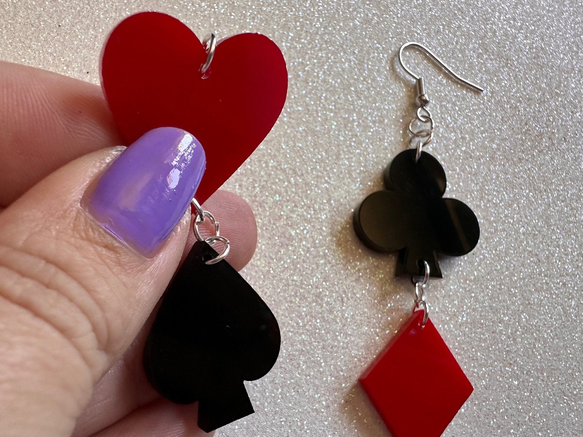 Playing Card Suit Earrings: Laser Cut Acrylic Heart, Diamond, Spades, Clubs, Game Night, Gamble, Poker, Casino, Best Gifts for Her/Him/Them
