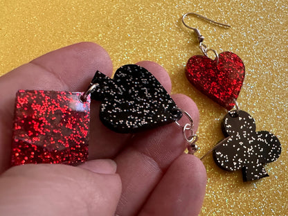 Playing Card Suit Earrings: Laser Cut Acrylic Heart, Diamond, Spades, Clubs, Game Night, Gamble, Poker, Casino, Best Gifts for Her/Him/Them