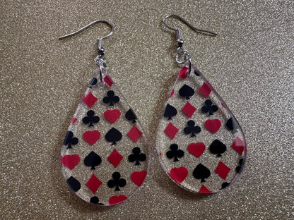 Playing Card Suit Earrings: Laser Cut Acrylic Heart, Diamond, Spades, Clubs, Game Night, Gamble, Poker, Casino, Best Gifts for Her/Him/Them
