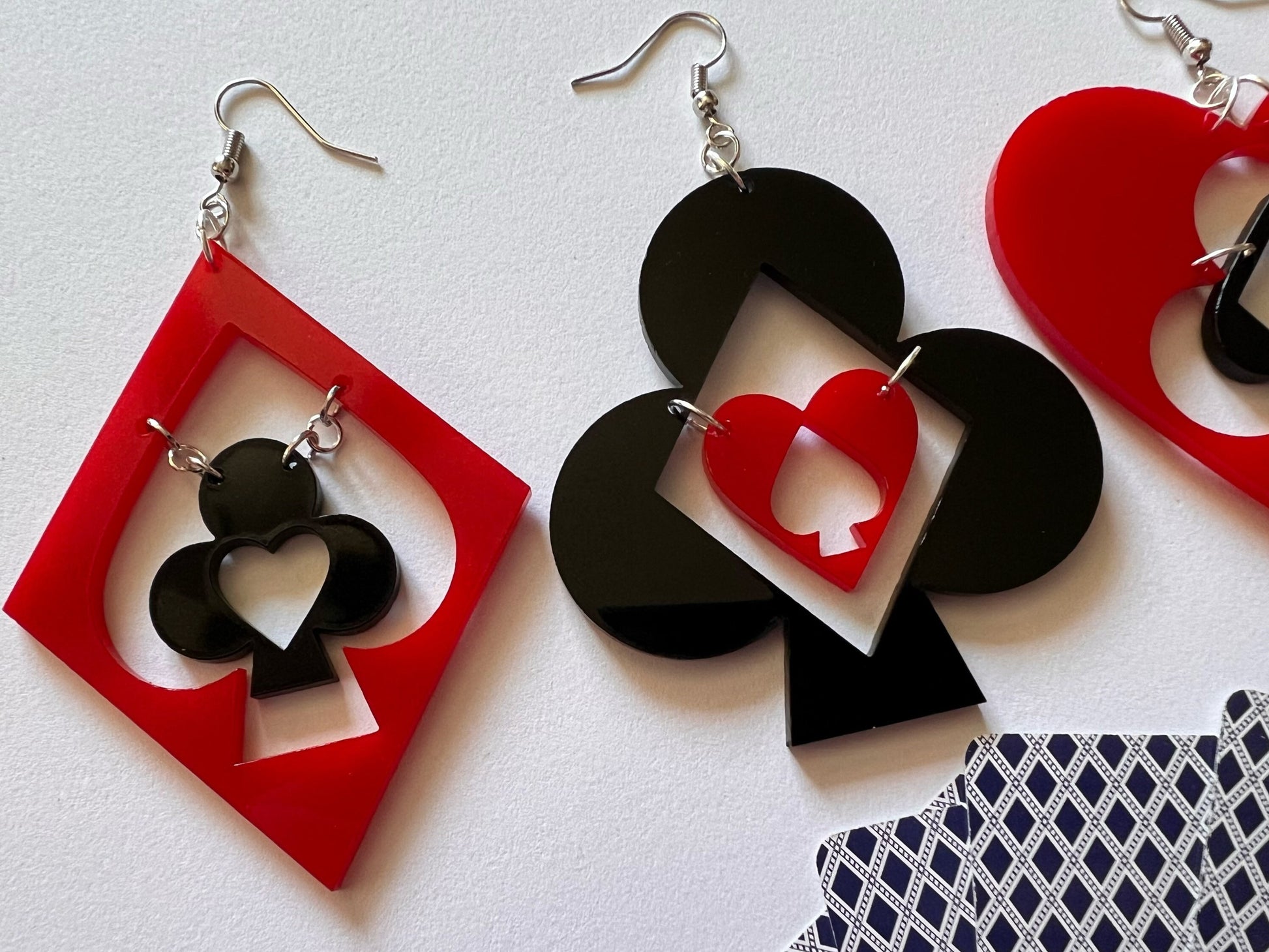 Playing Card Suit Earrings: Laser Cut Acrylic Heart, Diamond, Spades, Clubs, Game Night, Gamble, Poker, Casino, Best Gifts for Her/Him/Them