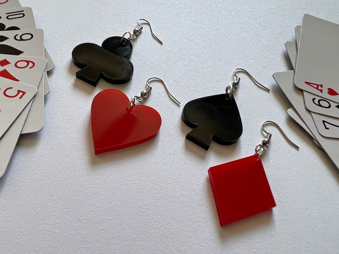 Playing Card Suit Earrings: Laser Cut Acrylic Heart, Diamond, Spades, Clubs, Game Night, Gamble, Poker, Casino, Best Gifts for Her/Him/Them