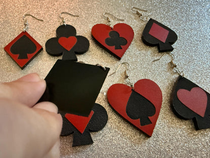 Playing Card Suit Earrings: Laser Cut Acrylic Heart, Diamond, Spades, Clubs, Game Night, Gamble, Poker, Casino, Best Gifts for Her/Him/Them