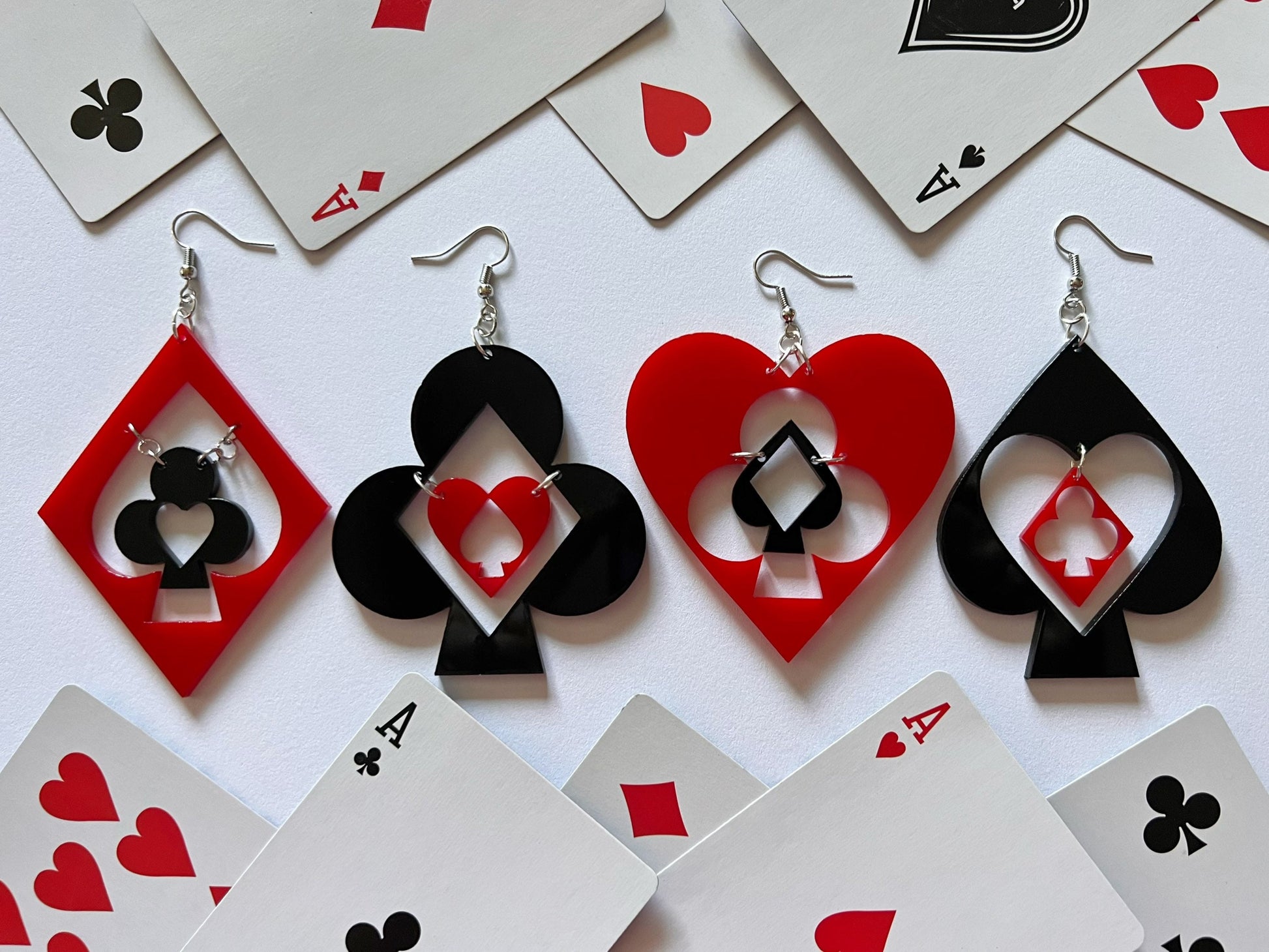 Playing Card Suit Earrings: Laser Cut Acrylic Heart, Diamond, Spades, Clubs, Game Night, Gamble, Poker, Casino, Best Gifts for Her/Him/Them