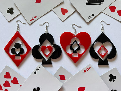 Playing Card Suit Earrings: Laser Cut Acrylic Heart, Diamond, Spades, Clubs, Game Night, Gamble, Poker, Casino, Best Gifts for Her/Him/Them