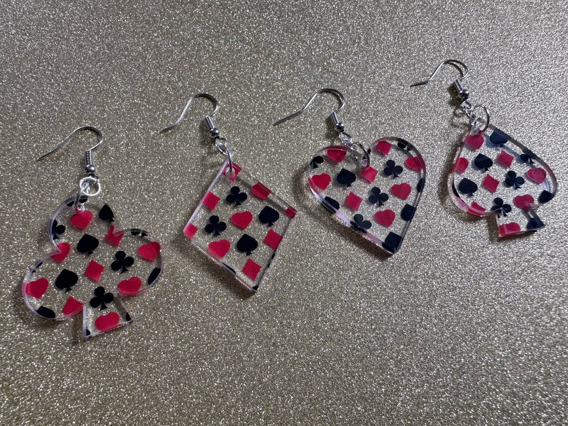 Playing Card Suit Earrings: Laser Cut Acrylic Heart, Diamond, Spades, Clubs, Game Night, Gamble, Poker, Casino, Best Gifts for Her/Him/Them