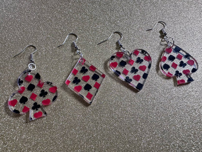Playing Card Suit Earrings: Laser Cut Acrylic Heart, Diamond, Spades, Clubs, Game Night, Gamble, Poker, Casino, Best Gifts for Her/Him/Them