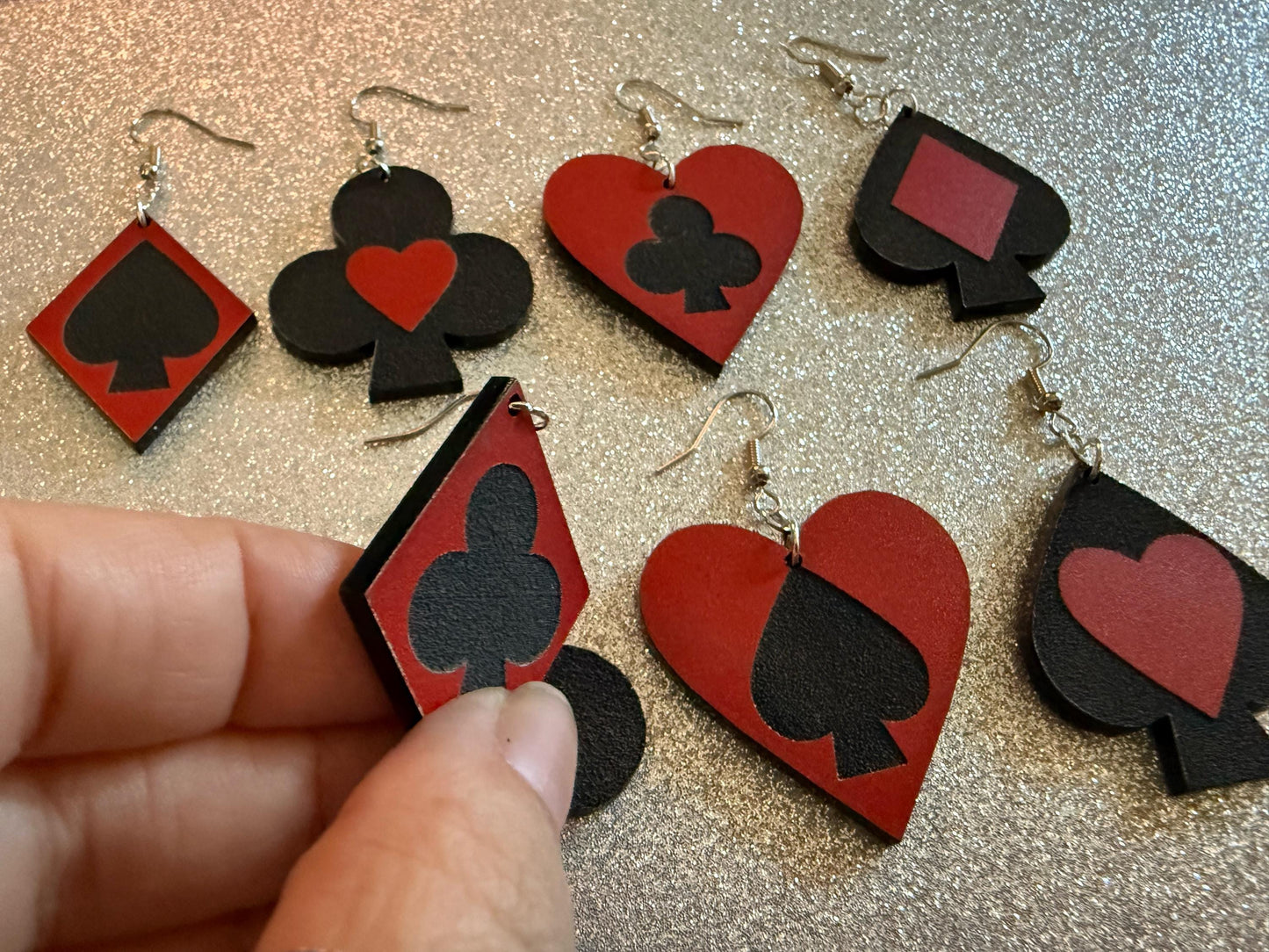 Playing Card Suit Earrings: Laser Cut Acrylic Heart, Diamond, Spades, Clubs, Game Night, Gamble, Poker, Casino, Best Gifts for Her/Him/Them