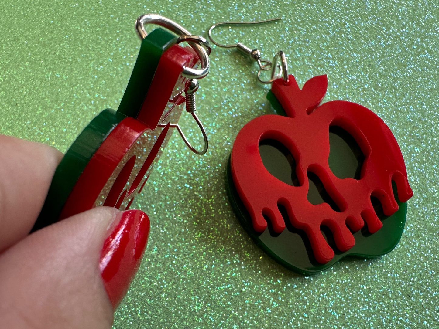 Poisoned Apple Earrings: Laser Cut Acrylic Apples, Spooky, Halloween, Toxic, Green Apples, Gifts for Her/Him/Them