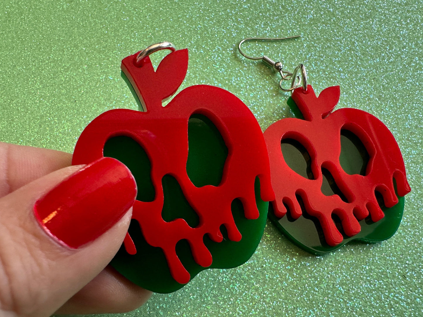 Poisoned Apple Earrings: Laser Cut Acrylic Apples, Spooky, Halloween, Toxic, Green Apples, Gifts for Her/Him/Them