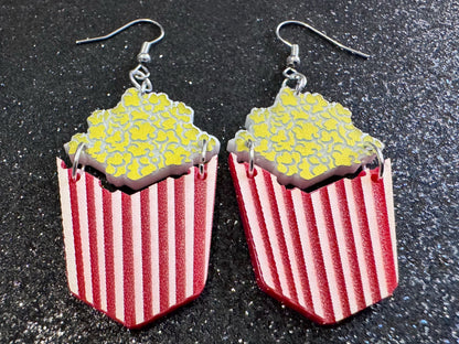 Popcorn Earrings: Laser Cut Acrylic Popcorn Bags, Movies, Popped Corn, Dessert, Snacks, Gallon Popcorn, Best Gifts for Her/Him/Them