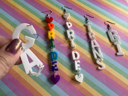 Pride Earrings: Laser Cut Acrylic Identity Earrings, Gay, Trans, Bi, Love is Love, Pride Parade Swag, Novelty, Best Gifts for Her/Him/Them