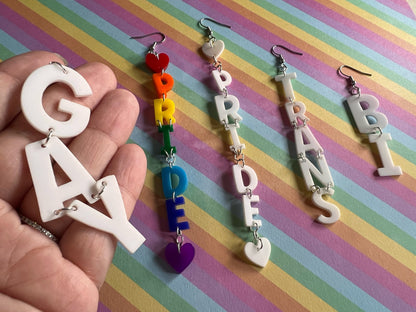 Pride Earrings: Laser Cut Acrylic Identity Earrings, Gay, Trans, Bi, Love is Love, Pride Parade Swag, Novelty, Best Gifts for Her/Him/Them