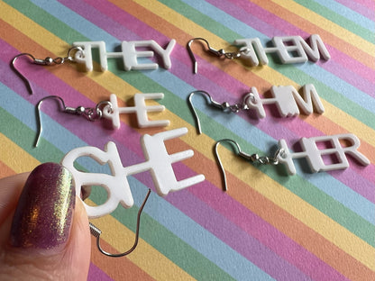 Pronoun Earrings: Pride, She, Her, He, Him, They, Them, Gender, Identity, Laser Cut Acrylic, Gifts for Her/Him/Them