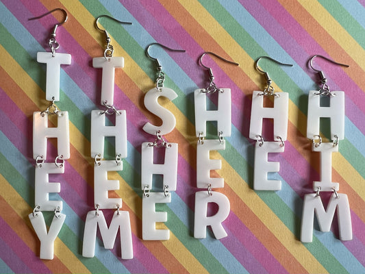 Pronoun Earrings: Pride, She, Her, He, Him, They, Them, Gender, Identity, Trans, Pride Month, Laser Cut Acrylic, Best Gifts for Her/Him/Them