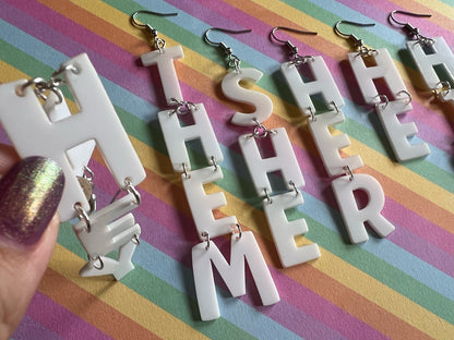 Pronoun Earrings: Pride, She, Her, He, Him, They, Them, Gender, Identity, Trans, Pride Month, Laser Cut Acrylic, Best Gifts for Her/Him/Them