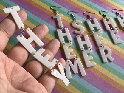 Pronoun Earrings: Pride, She, Her, He, Him, They, Them, Gender, Identity, Trans, Pride Month, Laser Cut Acrylic, Best Gifts for Her/Him/Them