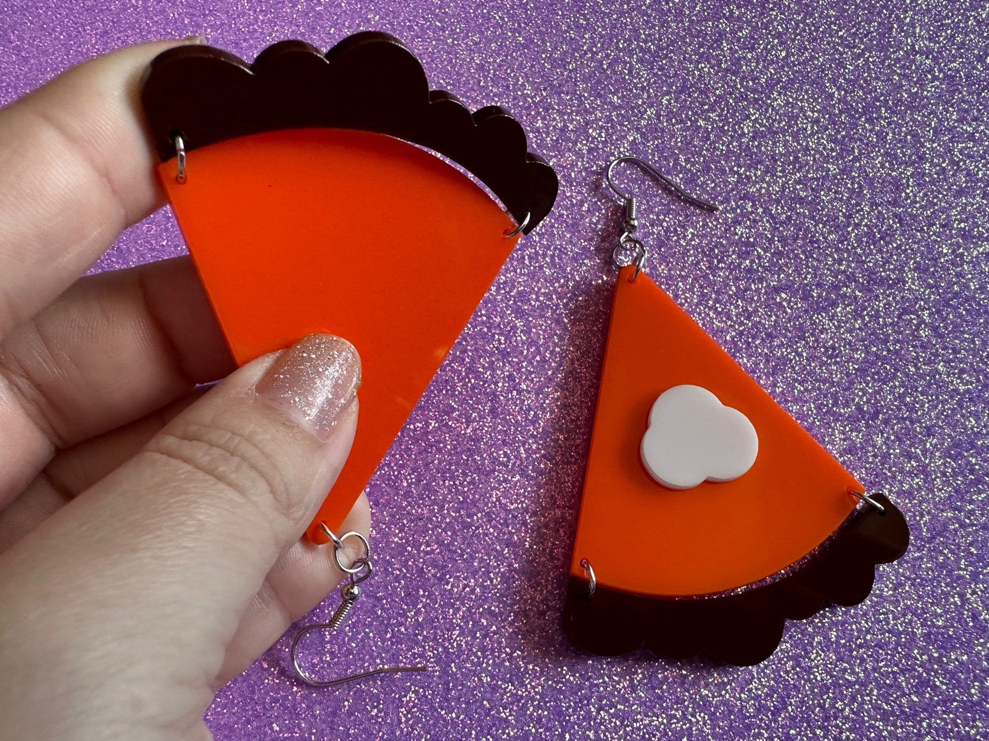 Pumpkin Pie Earrings: Laser Cut Acrylic Pumpkin Pie Slice with Whipped Cream, Cake, Dessert, Pastry, Fall, Christmas, Gifts for Her/Him/Them