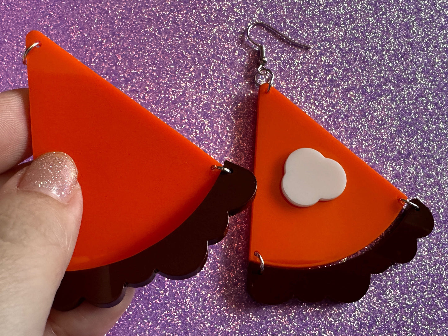 Pumpkin Pie Earrings: Laser Cut Acrylic Pumpkin Pie Slice with Whipped Cream, Cake, Dessert, Pastry, Fall, Christmas, Gifts for Her/Him/Them