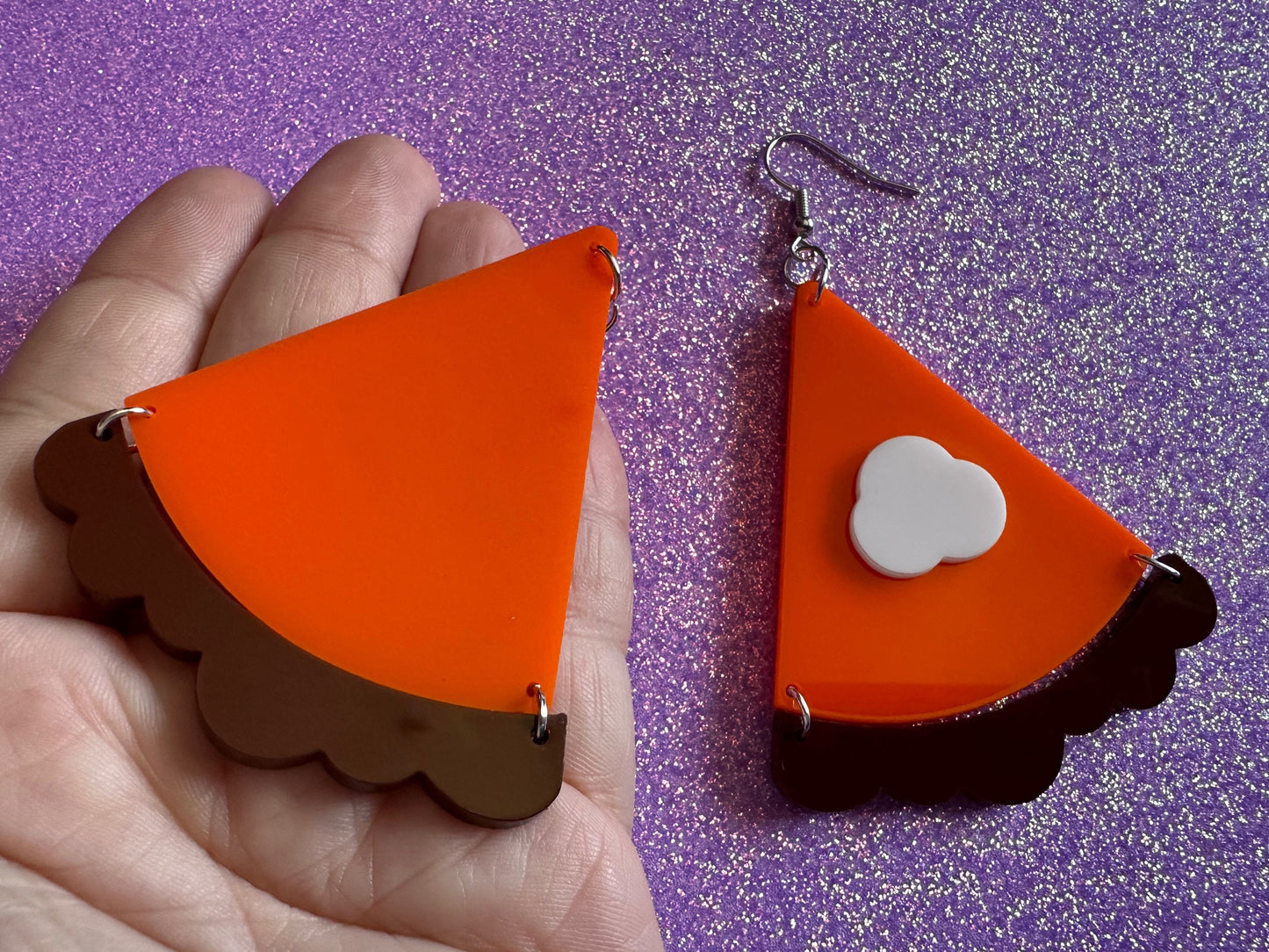 Pumpkin Pie Earrings: Laser Cut Acrylic Pumpkin Pie Slice with Whipped Cream, Cake, Dessert, Pastry, Fall, Christmas, Gifts for Her/Him/Them